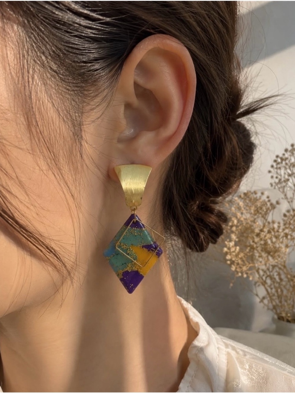 Multicolor Geometric Drop Earrings with Gold Accents